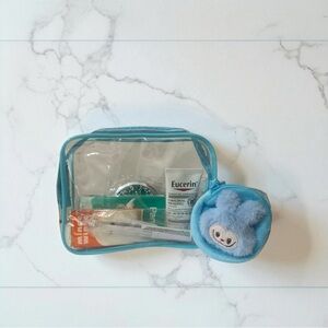 Cosmetic Bag-Clear/blue-bag charm, lotion, tissue, wipes, mirror & lip gloss